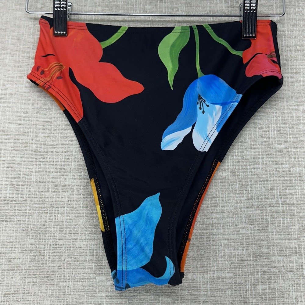 Topshop Bikini Bottoms Womens 2 Black Floral High Leg High Rise Swimwear